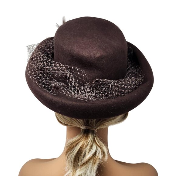 Vintage Brown Wool Felt Meril Hat With Feathers & Netting, Kentucky Derby Hat main image 6